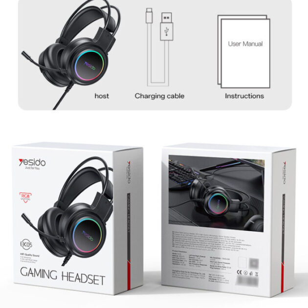 EK05 HD Microphone 3D Stereo Acoustics USB Interface RGB Gaming Wired Headset Wired Earphone